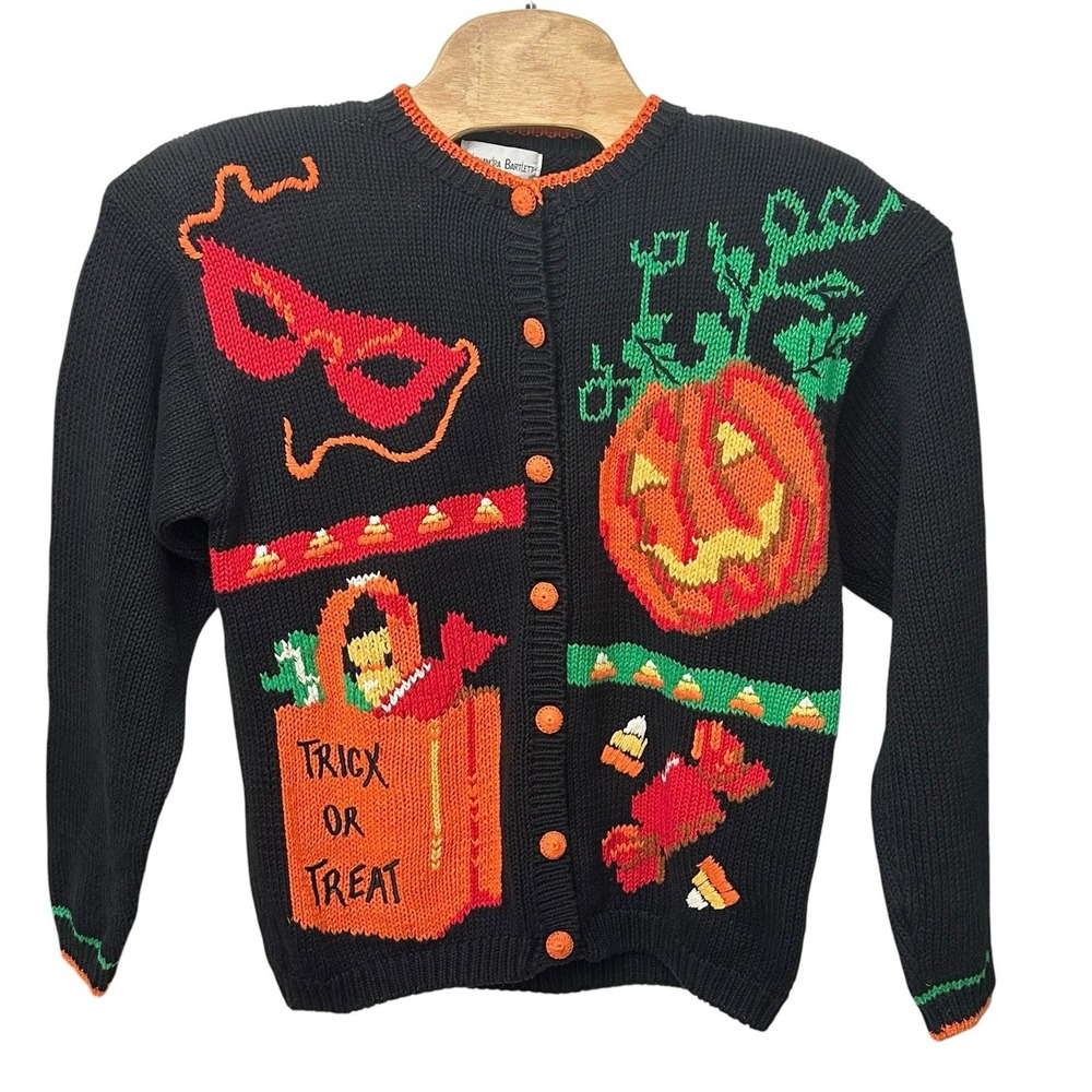 Vintage ALEXANDRA BARTLETT Halloween Cardigan Novelty Mask Pumpkin Candy Size L